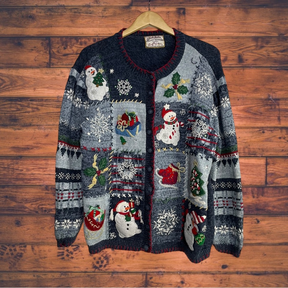 Heirloom Collectables Button Front VTG Winter Christmas Print Knit Sweater Large